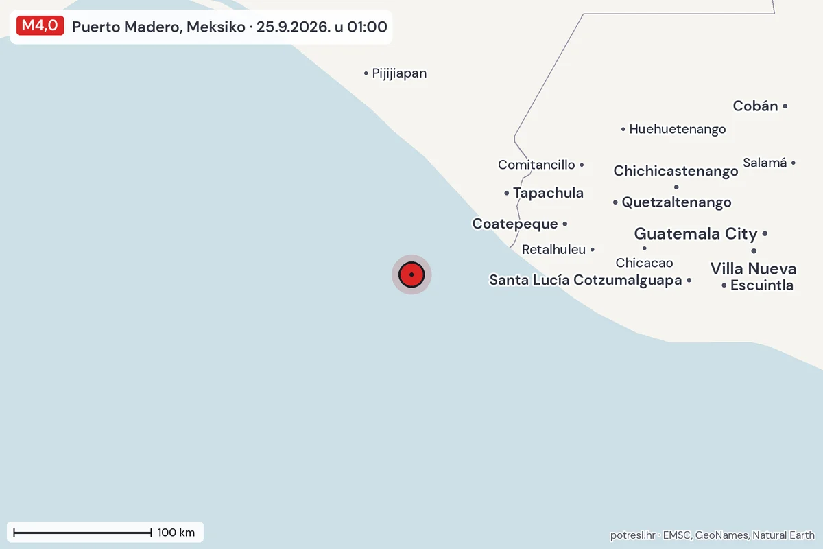 Karta: šire područje, 600 km, potres M4,0, Puerto Madero, Meksiko, 25.9.2026.