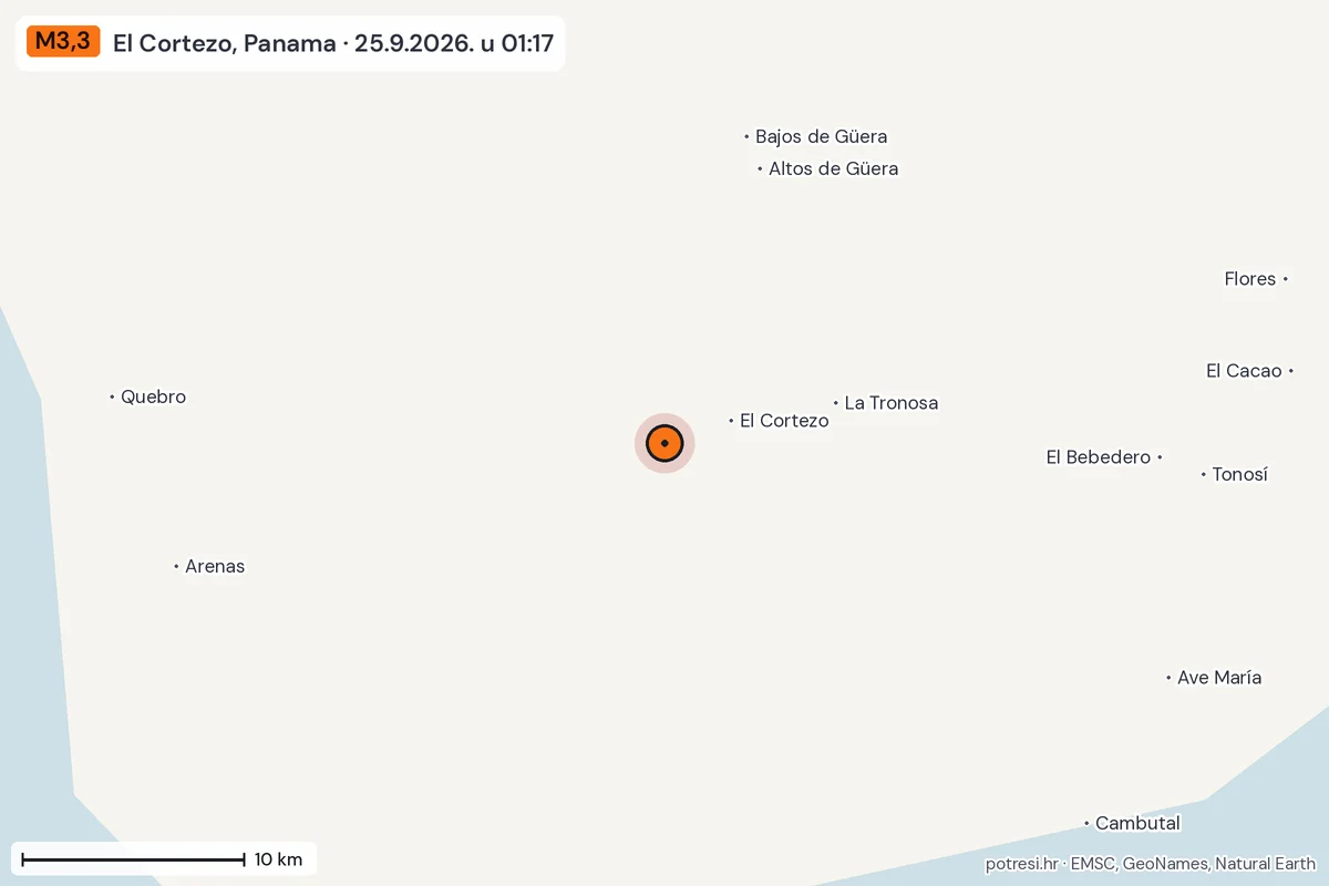 Karta: okolica epicentra, 60 km, potres M3,3, El Cortezo, Panama, 25.9.2026.