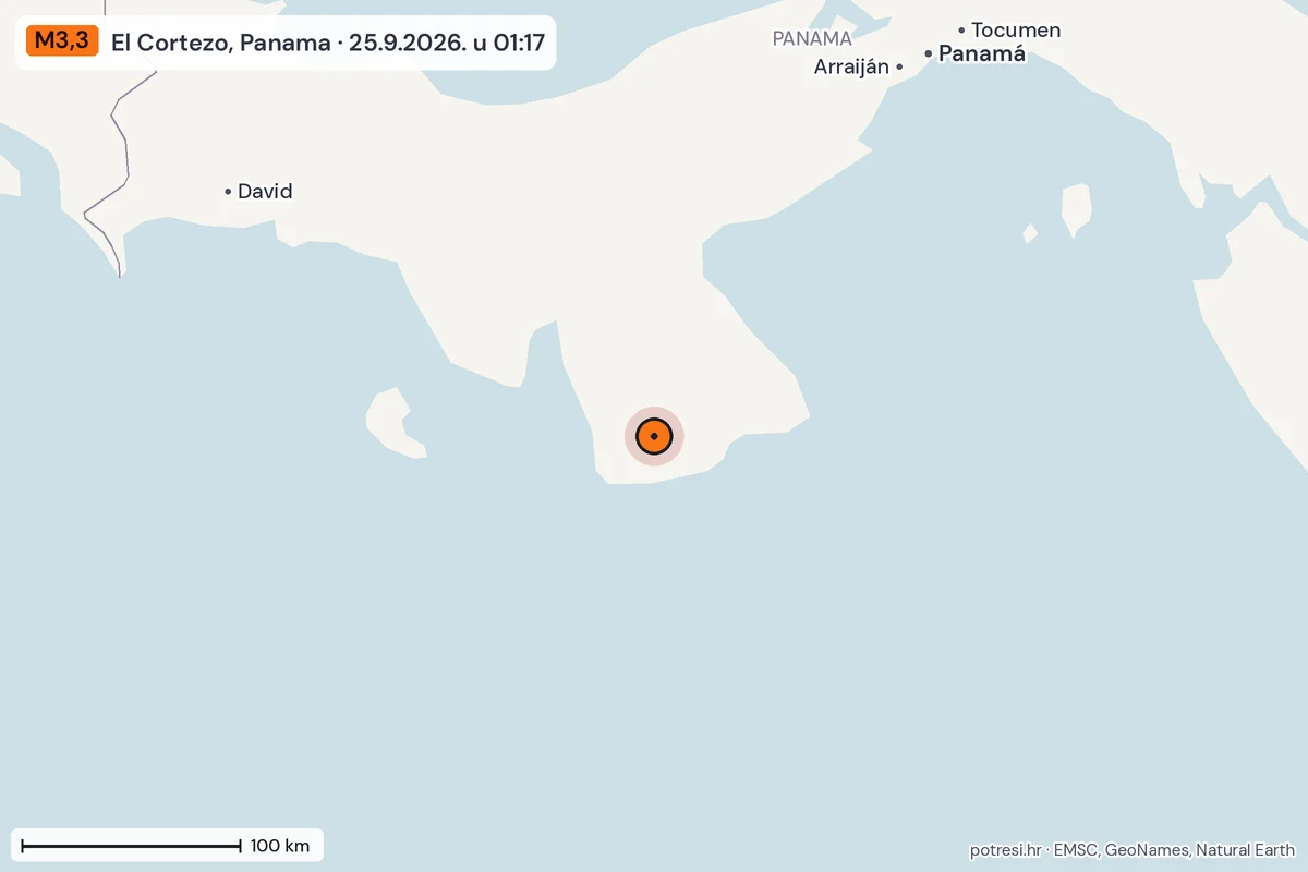 Karta: šire područje, 600 km, potres M3,3, El Cortezo, Panama, 25.9.2026.