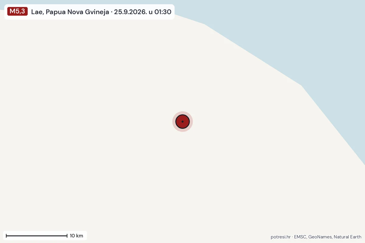 Karta: okolica epicentra, 60 km, potres M5,3, Lae, Papua Nova Gvineja, 25.9.2026.