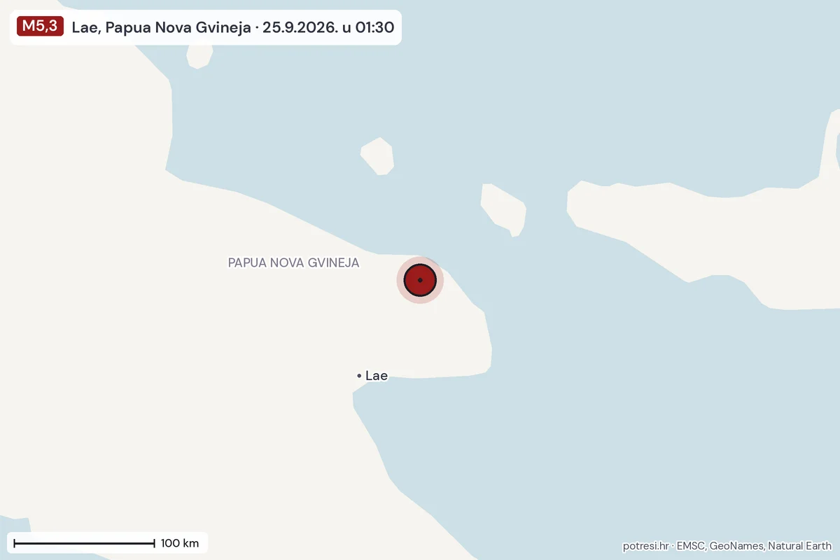 Karta: šire područje, 600 km, potres M5,3, Lae, Papua Nova Gvineja, 25.9.2026.