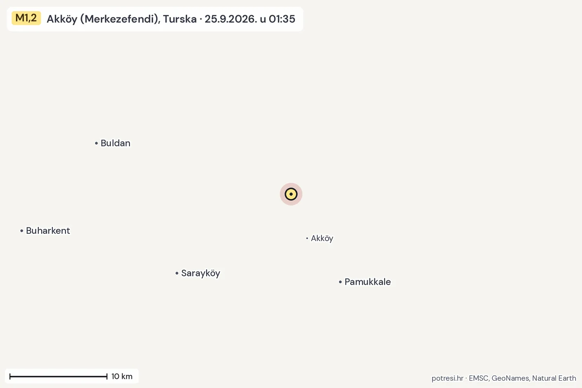 Karta: okolica epicentra, 60 km, potres M1,2, Akköy (Merkezefendi), Turska, 25.9.2026.