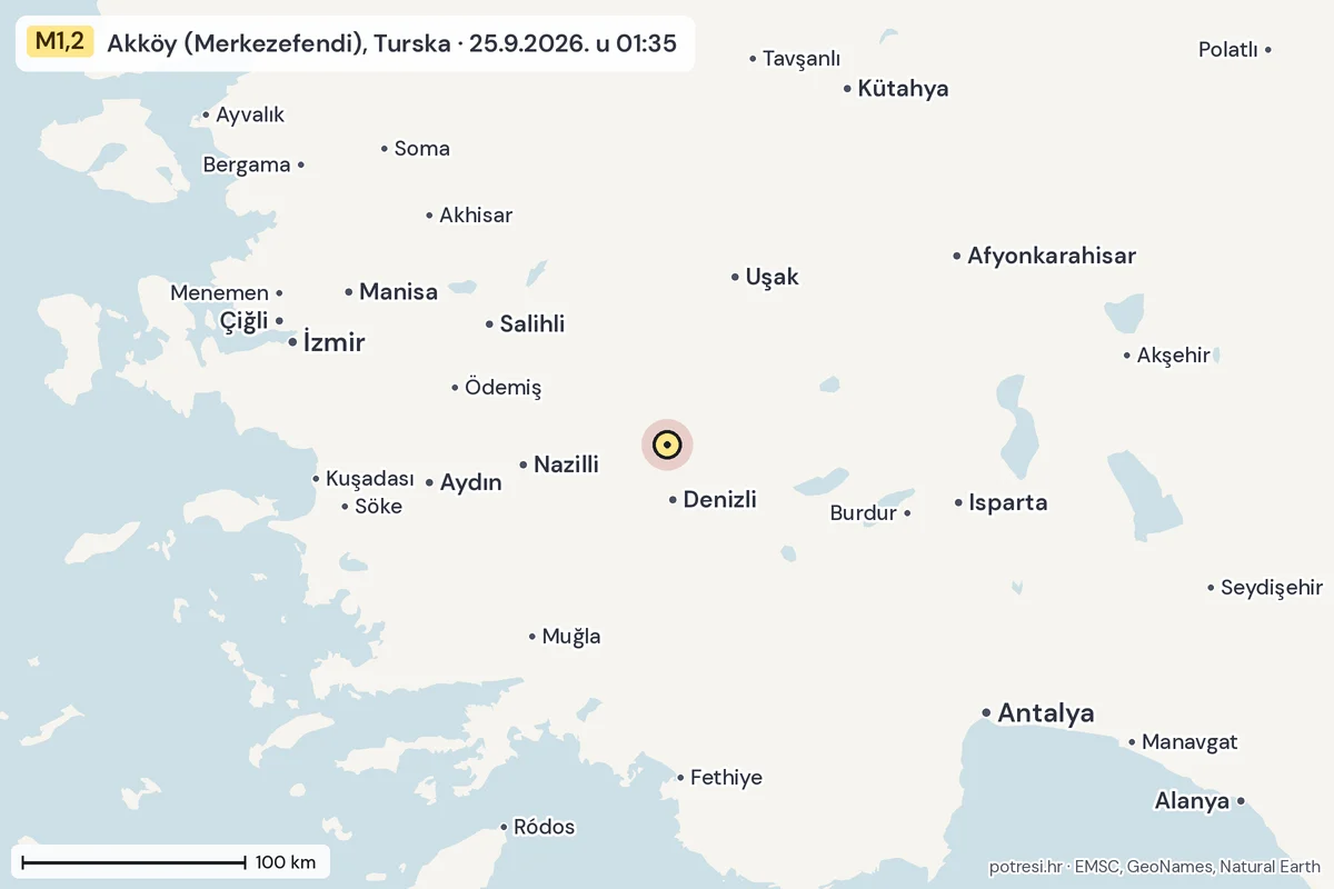 Karta: šire područje, 600 km, potres M1,2, Akköy (Merkezefendi), Turska, 25.9.2026.