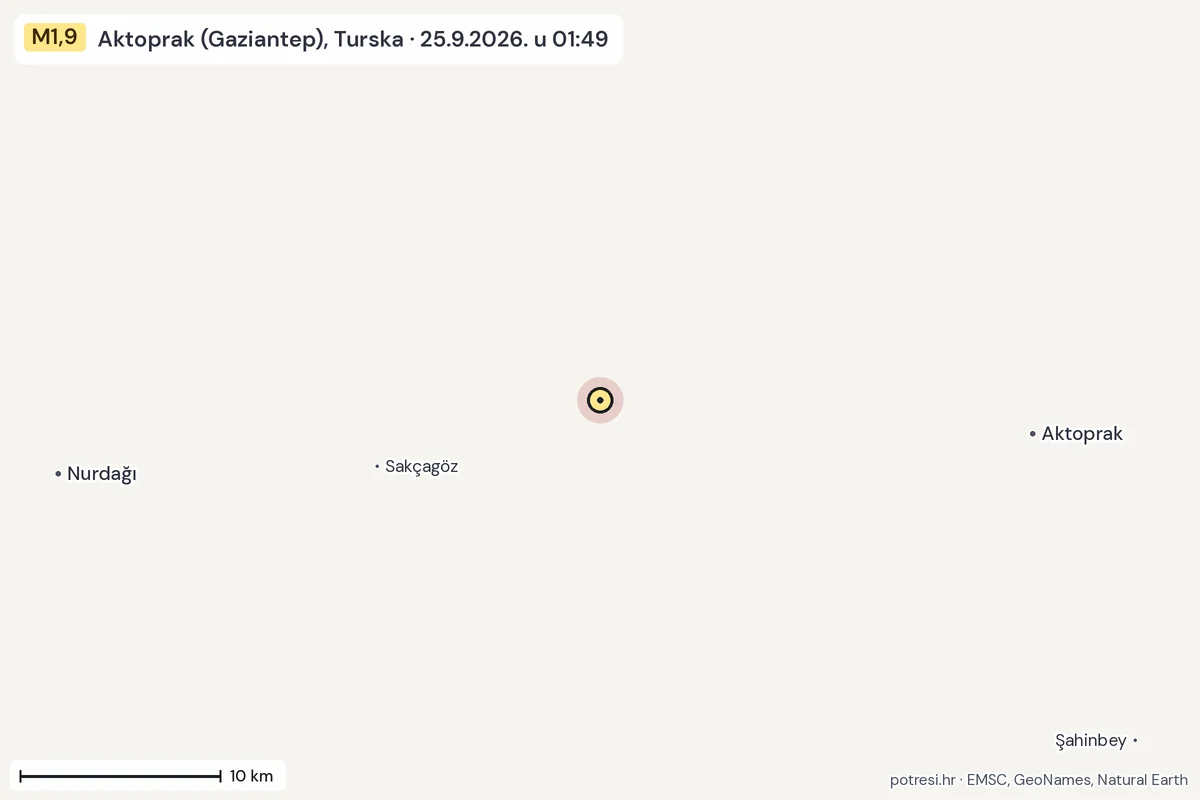 Karta: okolica epicentra, 60 km, potres M1,9, Aktoprak (Gaziantep), Turska, 25.9.2026.