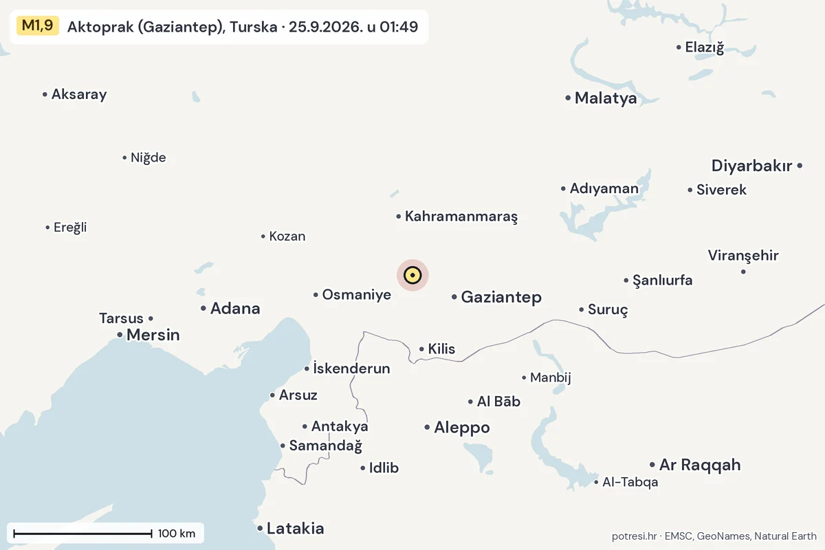 Karta: šire područje, 600 km, potres M1,9, Aktoprak (Gaziantep), Turska, 25.9.2026.