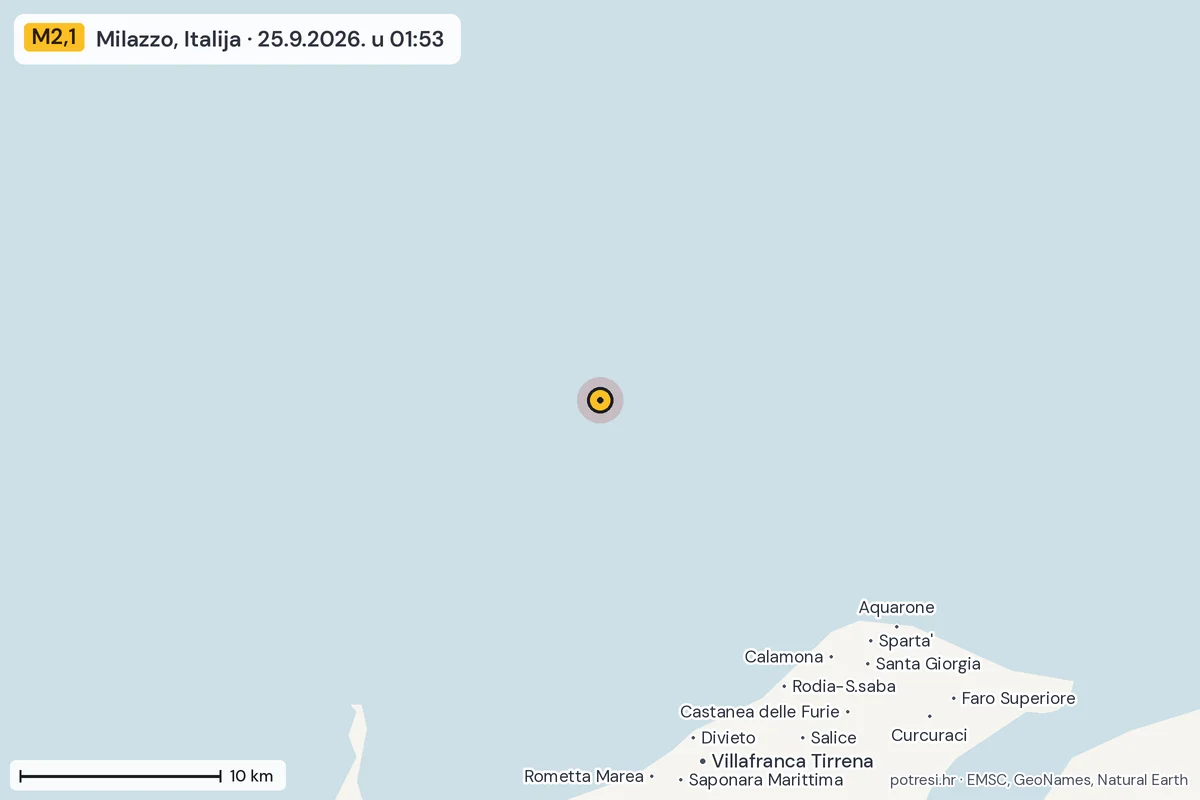 Karta: okolica epicentra, 60 km, potres M2,1, Milazzo, Italija, 25.9.2026.