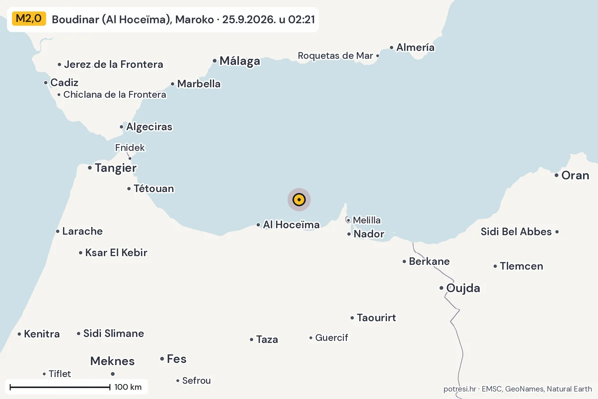 Karta: šire područje, 600 km, potres M2,0, Boudinar (Al Hoceïma), Maroko, 25.9.2026.