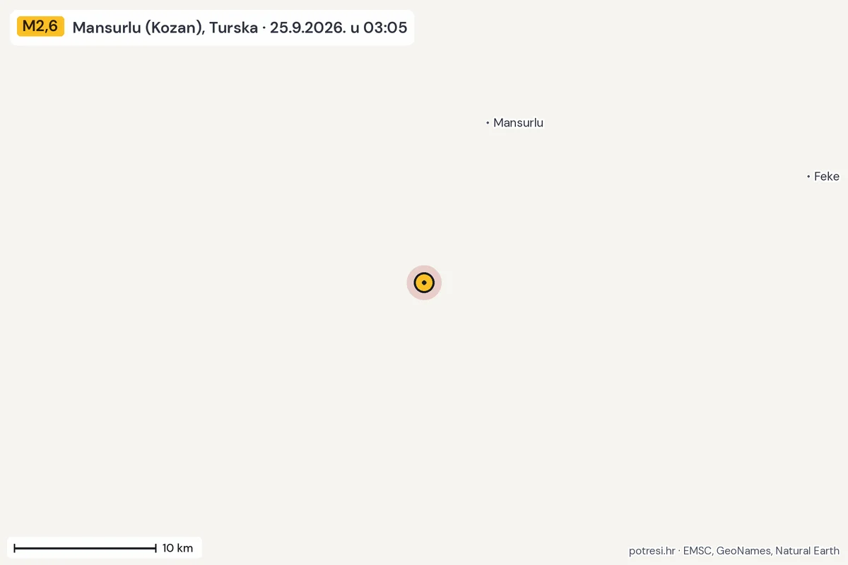 Karta: okolica epicentra, 60 km, potres M2,6, Mansurlu (Kozan), Turska, 25.9.2026.