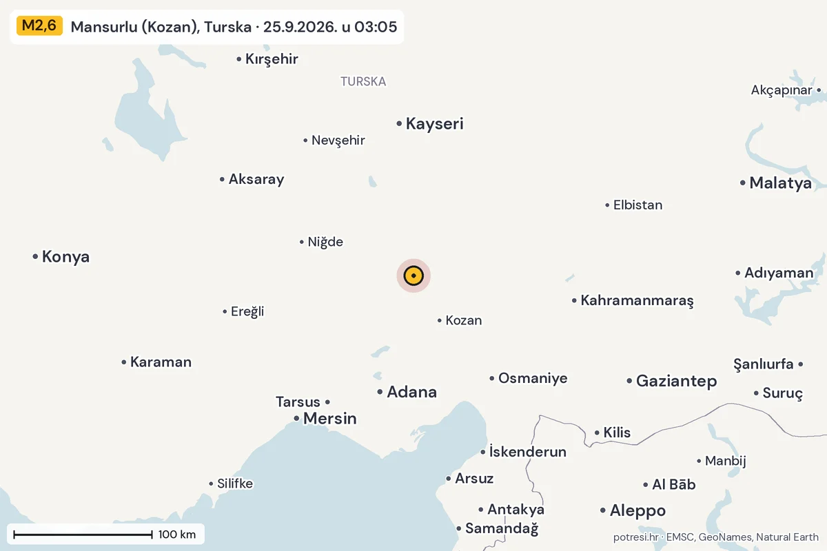 Karta: šire područje, 600 km, potres M2,6, Mansurlu (Kozan), Turska, 25.9.2026.