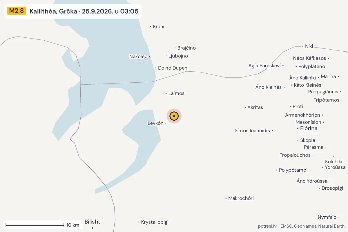 Karta: okolica epicentra, 60 km, potres M2,8, Kallithéa, Grčka, 25.9.2026.