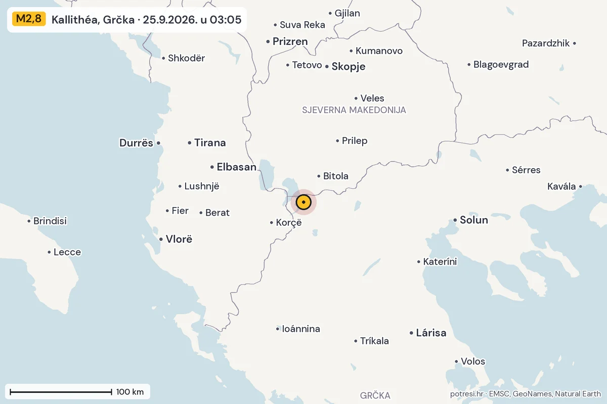 Karta: šire područje, 600 km, potres M2,8, Kallithéa, Grčka, 25.9.2026.