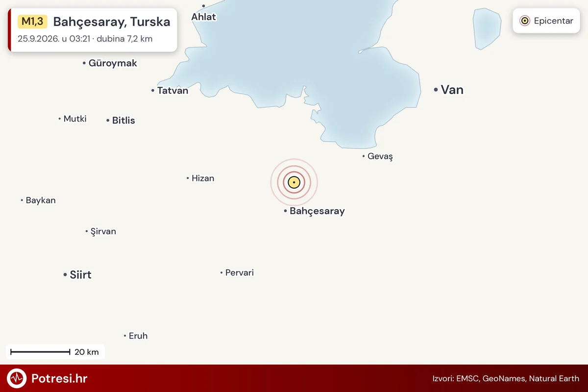 Karta: šire područje i vjerojatni doseg osjeta, potres M1,3, Bahçesaray, Turska, 25.9.2026.