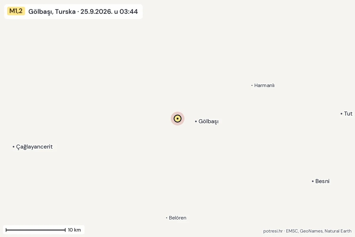 Karta: okolica epicentra, 60 km, potres M1,2, Gölbaşı, Turska, 25.9.2026.
