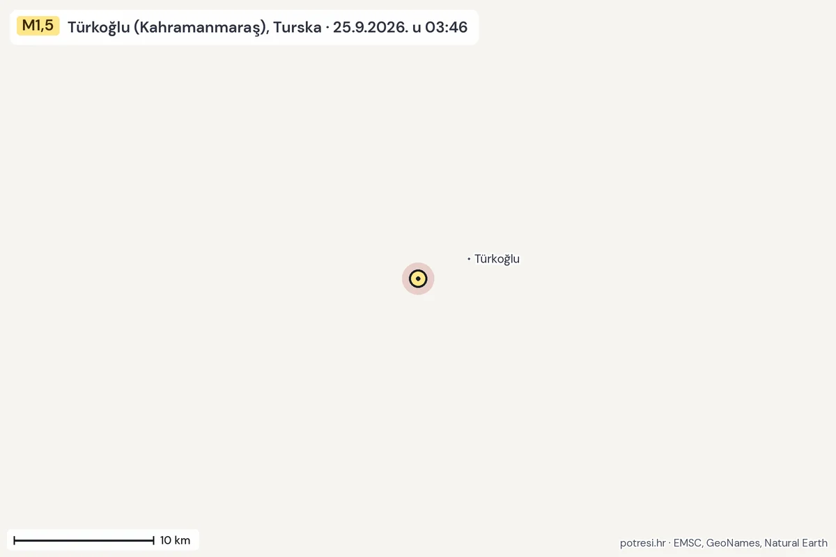 Karta: okolica epicentra, 60 km, potres M1,5, Türkoğlu (Kahramanmaraş), Turska, 25.9.2026.