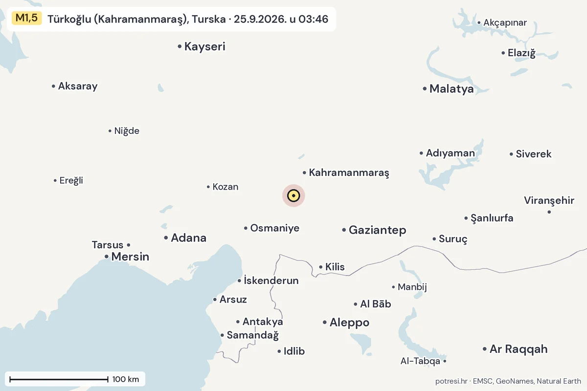 Karta: šire područje, 600 km, potres M1,5, Türkoğlu (Kahramanmaraş), Turska, 25.9.2026.