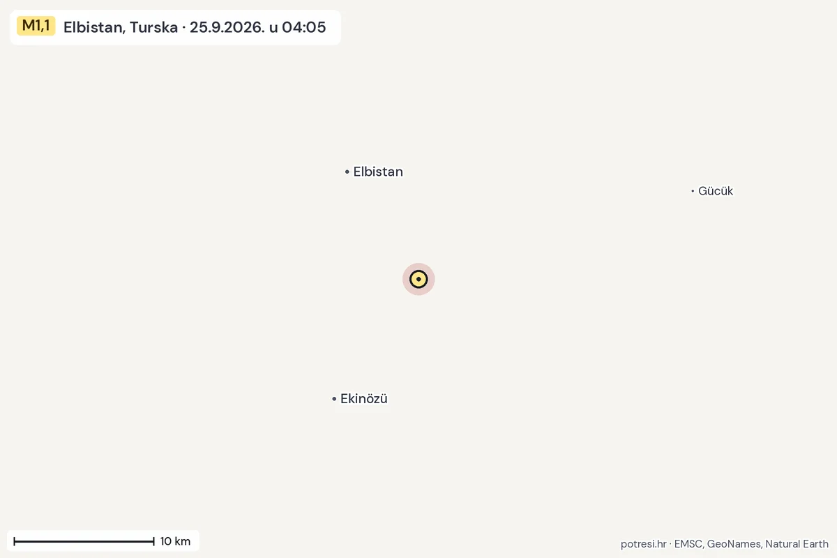 Karta: okolica epicentra, 60 km, potres M1,1, Elbistan, Turska, 25.9.2026.