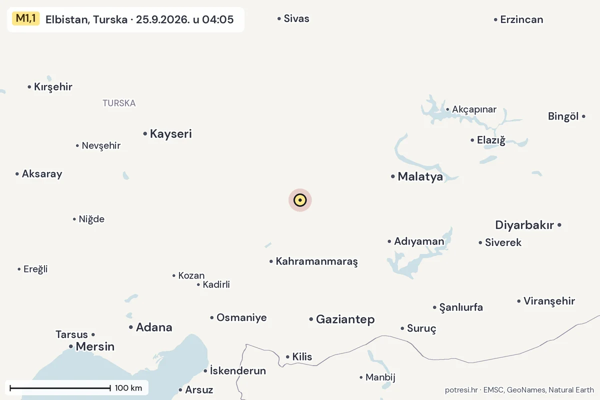 Karta: šire područje, 600 km, potres M1,1, Elbistan, Turska, 25.9.2026.