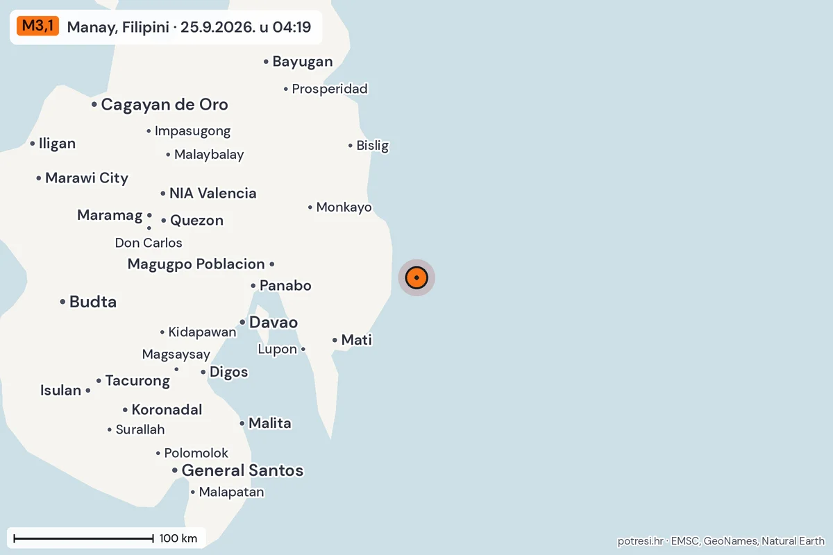 Karta: šire područje, 600 km, potres M3,1, Manay, Filipini, 25.9.2026.