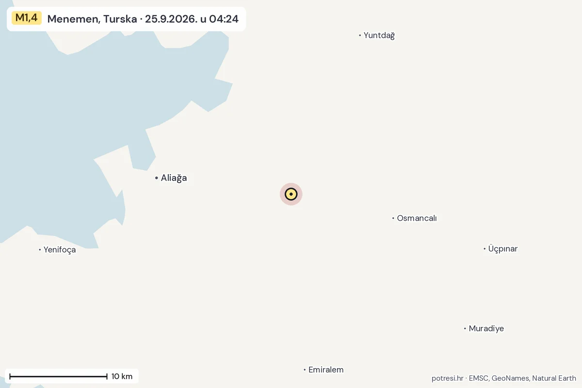 Karta: okolica epicentra, 60 km, potres M1,4, Menemen, Turska, 25.9.2026.