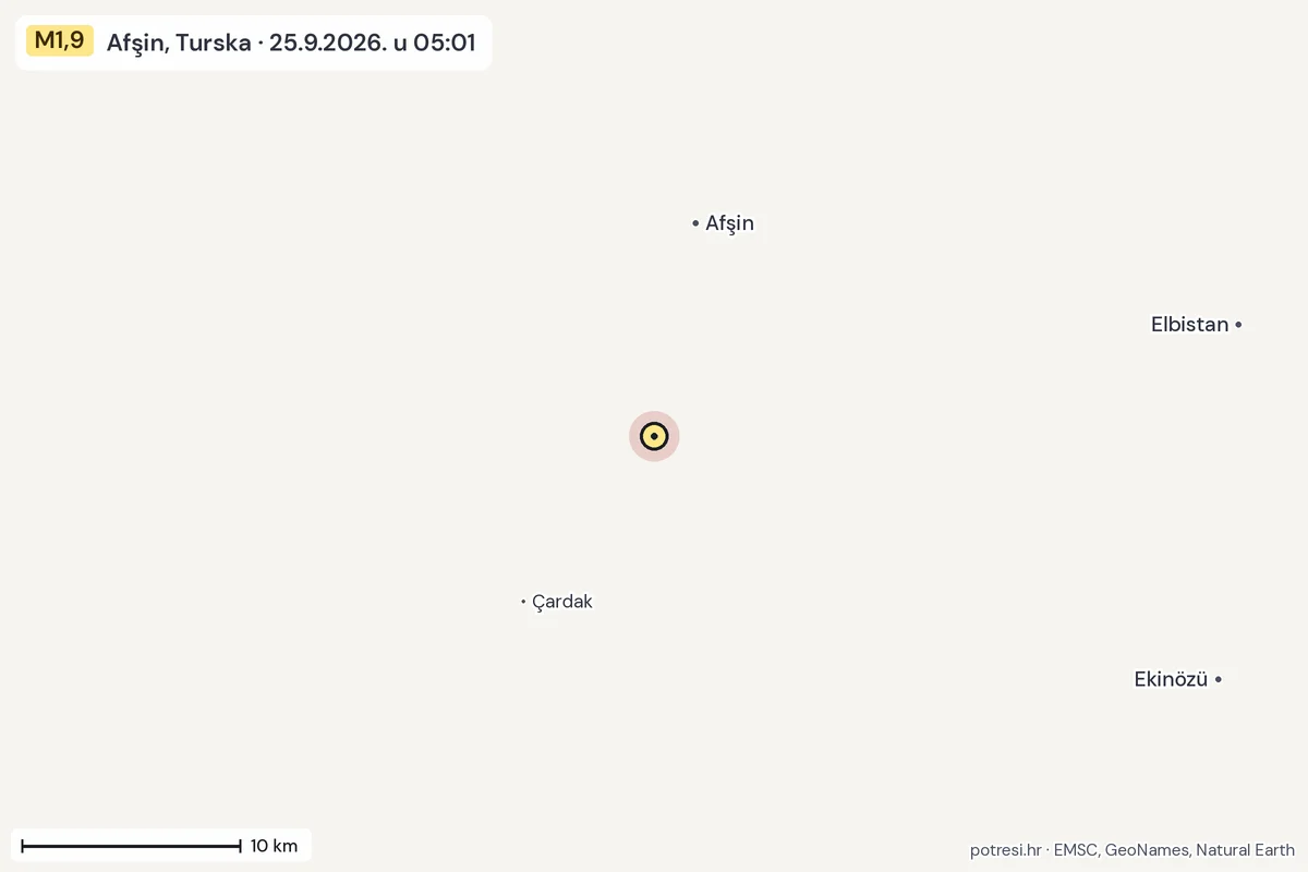 Karta: okolica epicentra, 60 km, potres M1,9, Afşin, Turska, 25.9.2026.