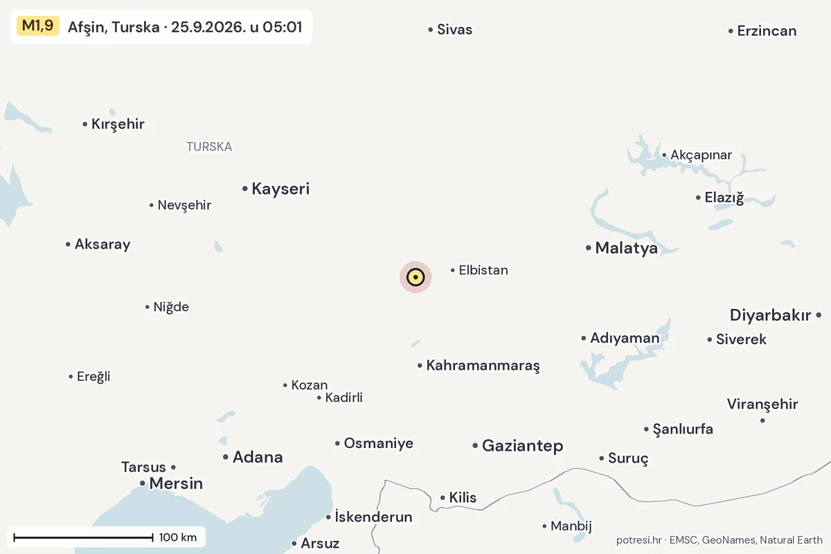 Karta: šire područje, 600 km, potres M1,9, Afşin, Turska, 25.9.2026.