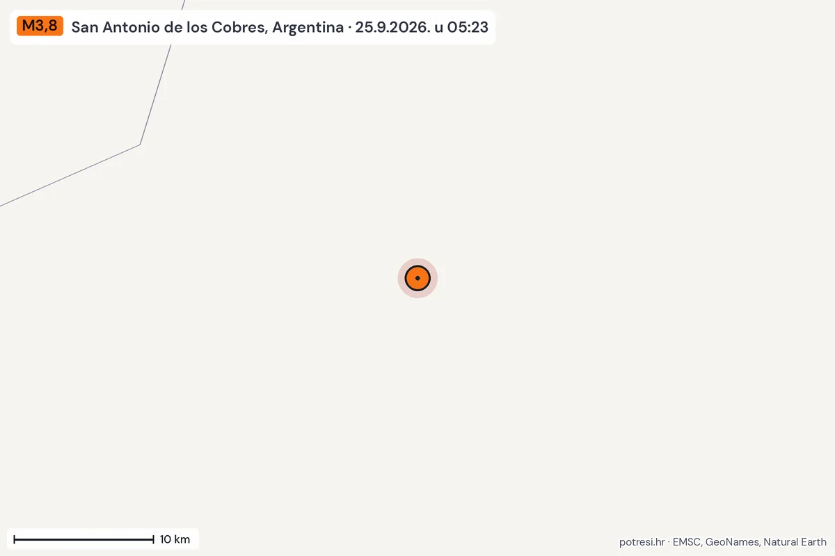 Karta: okolica epicentra, 60 km, potres M3,8, San Antonio de los Cobres, Argentina, 25.9.2026.