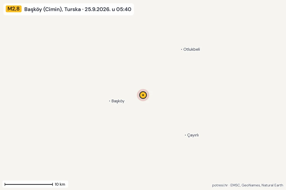 Karta: okolica epicentra, 60 km, potres M2,8, Başköy (Cimin), Turska, 25.9.2026.