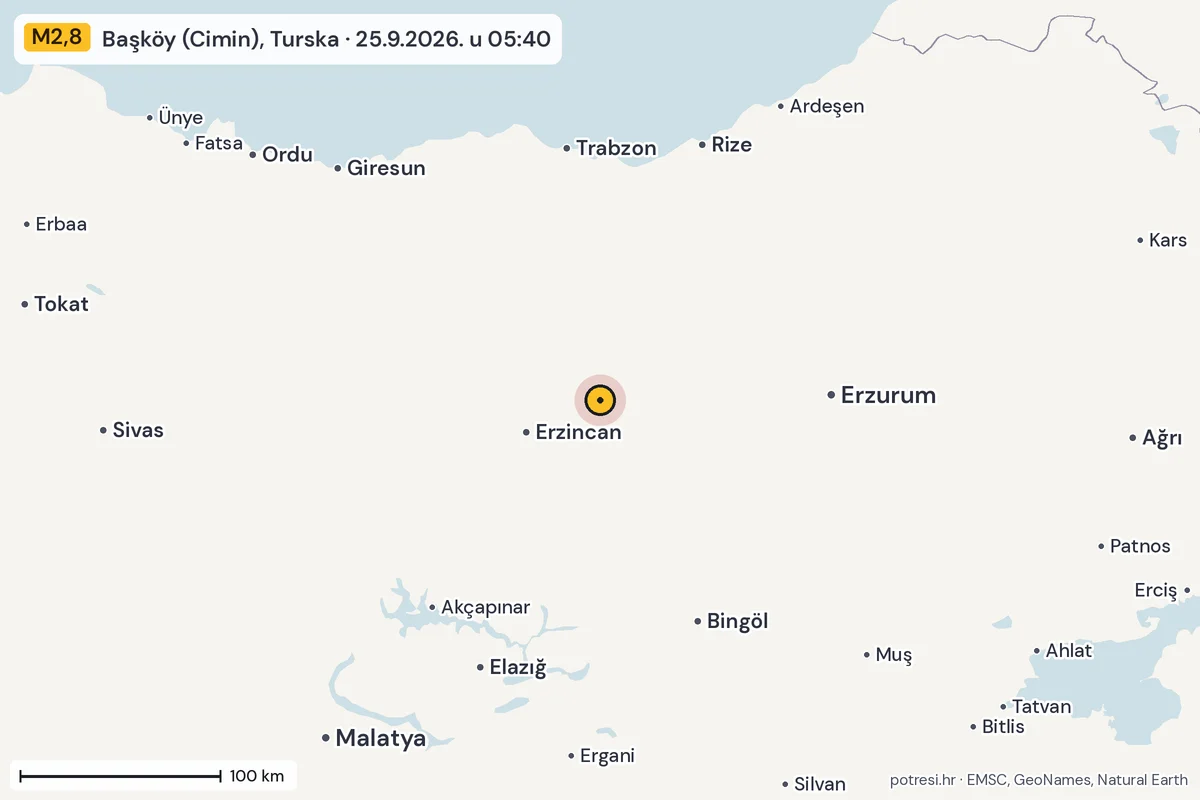 Karta: šire područje, 600 km, potres M2,8, Başköy (Cimin), Turska, 25.9.2026.