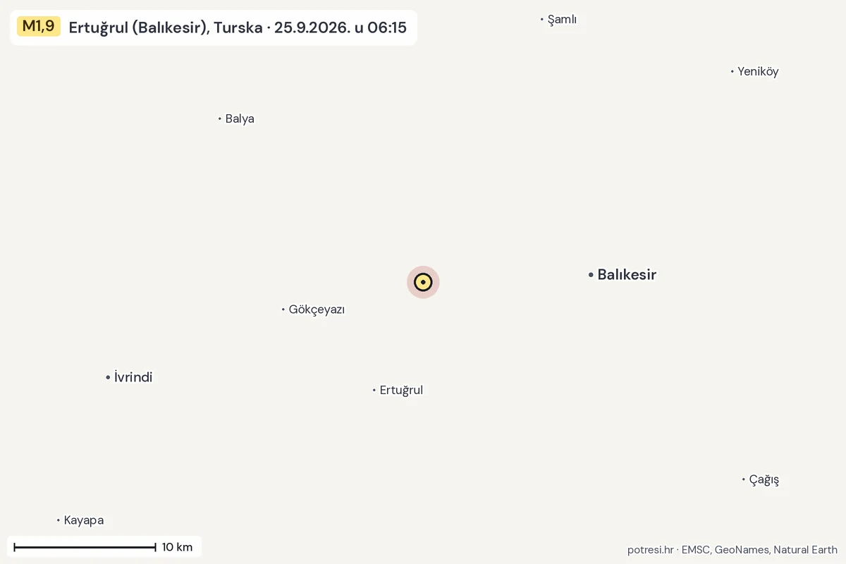 Karta: okolica epicentra, 60 km, potres M1,9, Ertuğrul (Balıkesir), Turska, 25.9.2026.