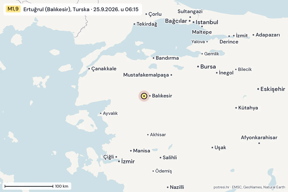 Karta: šire područje, 600 km, potres M1,9, Ertuğrul (Balıkesir), Turska, 25.9.2026.