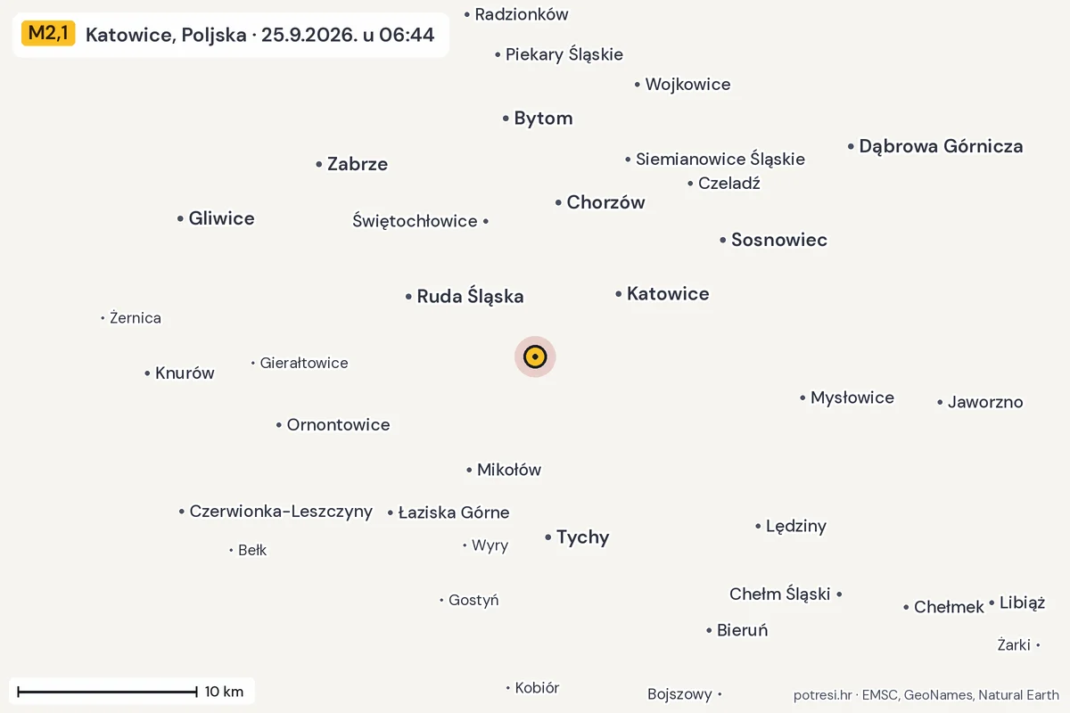 Karta: okolica epicentra, 60 km, potres M2,1, Katowice, Poljska, 25.9.2026.