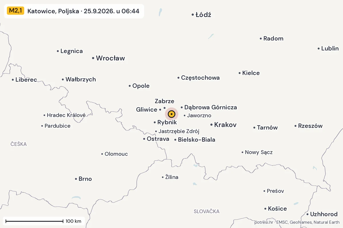 Karta: šire područje, 600 km, potres M2,1, Katowice, Poljska, 25.9.2026.