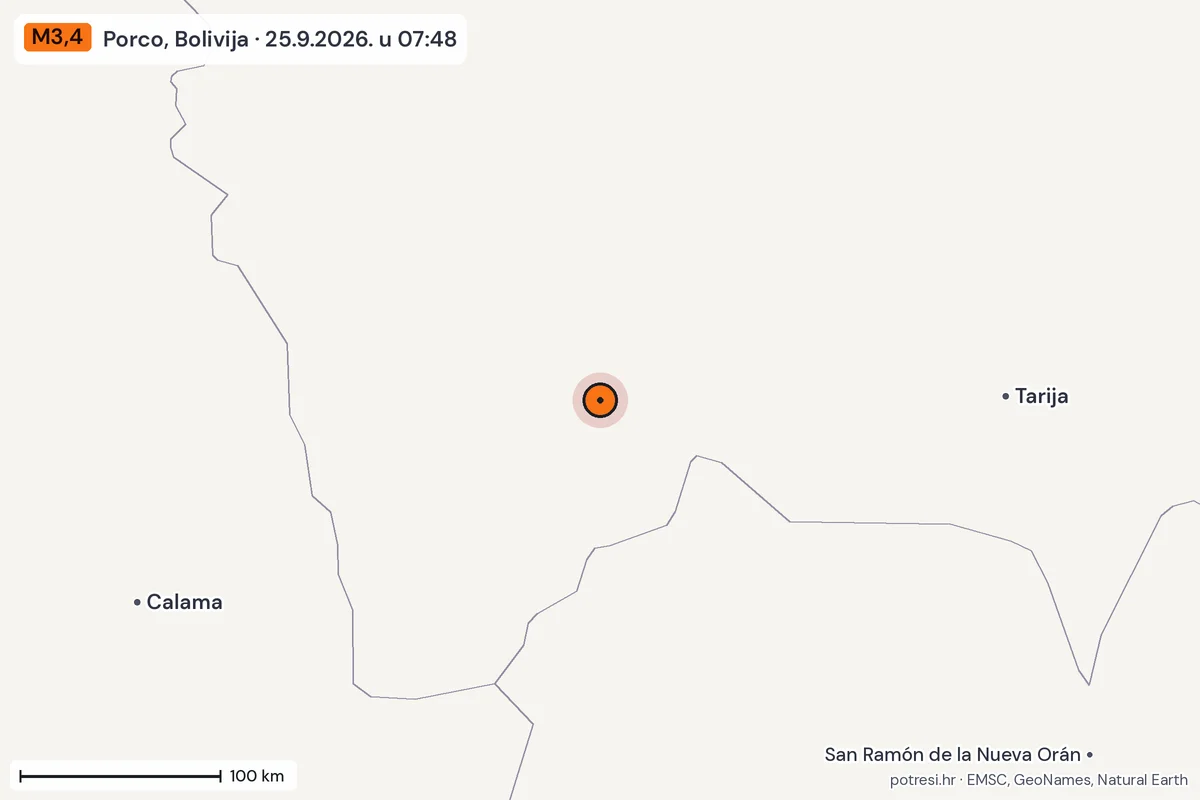 Karta: šire područje, 600 km, potres M3,4, Porco, Bolivija, 25.9.2026.