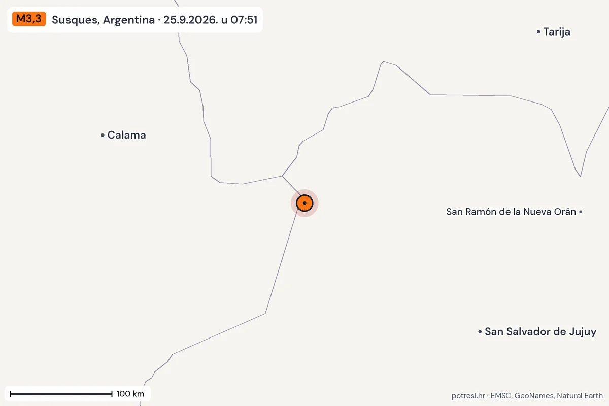 Karta: šire područje, 600 km, potres M3,3, Susques, Argentina, 25.9.2026.