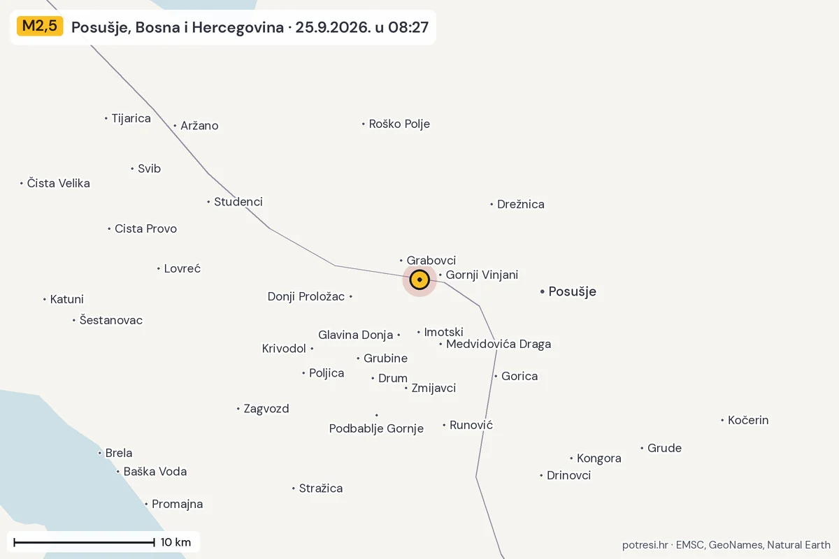 Karta: okolica epicentra, 60 km, potres M2,5, Posušje, Bosna i Hercegovina, 25.9.2026.