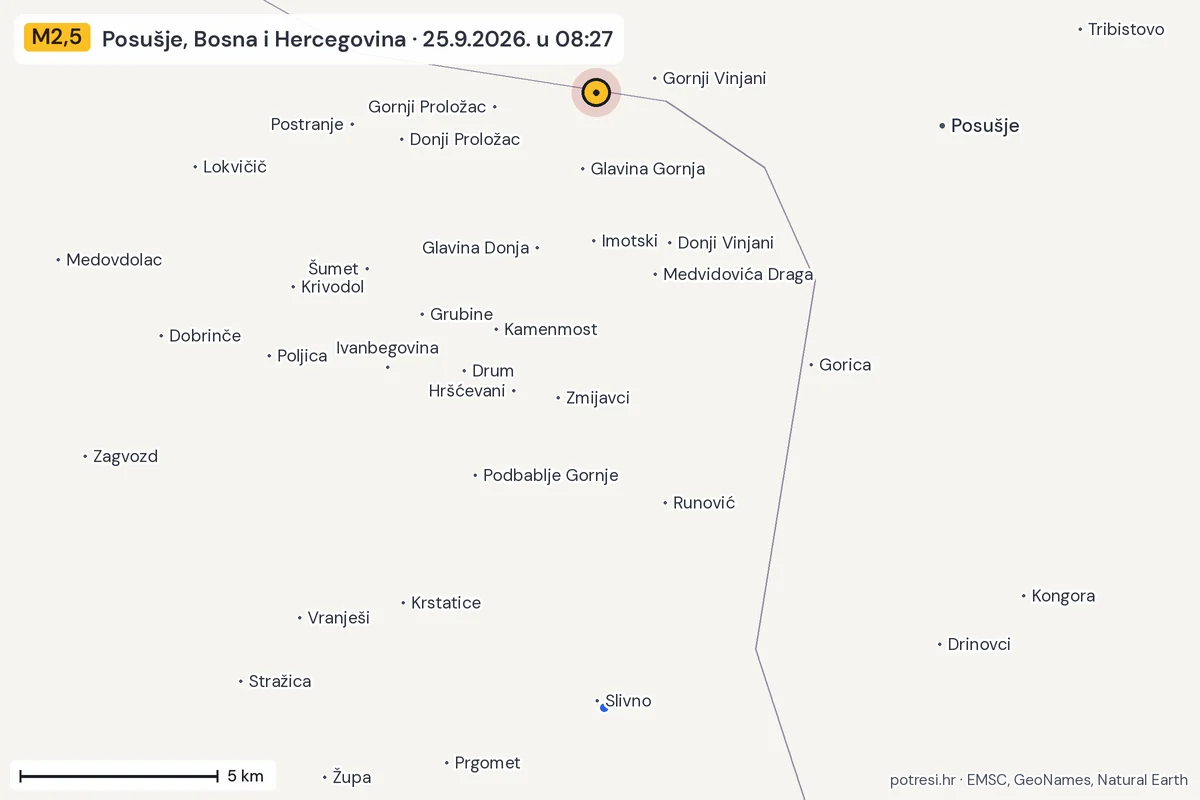 Karta: izvješća građana, potres M2,5, Posušje, Bosna i Hercegovina, 25.9.2026.