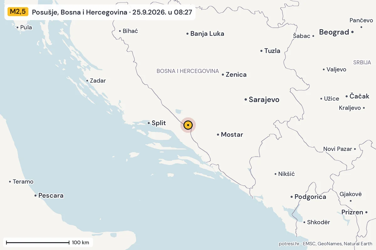 Karta: šire područje, 600 km, potres M2,5, Posušje, Bosna i Hercegovina, 25.9.2026.