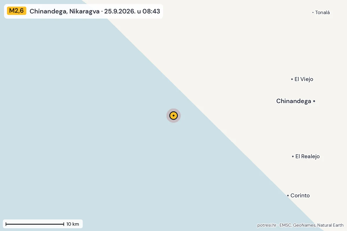 Karta: okolica epicentra, 60 km, potres M2,6, Chinandega, Nikaragva, 25.9.2026.