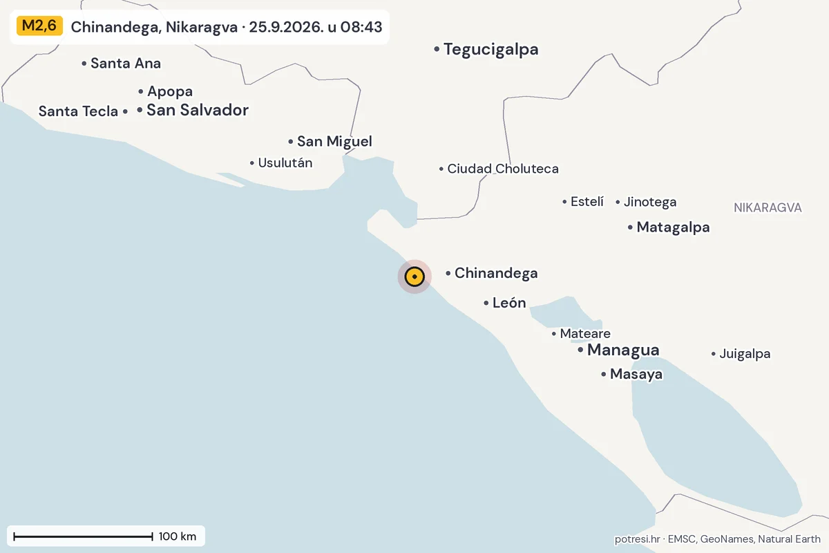 Karta: šire područje, 600 km, potres M2,6, Chinandega, Nikaragva, 25.9.2026.