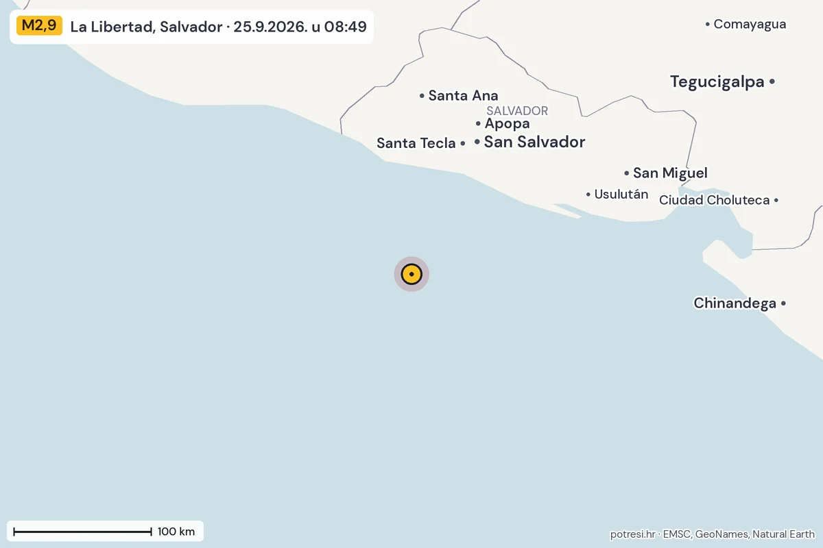 Karta: šire područje, 600 km, potres M2,9, La Libertad, Salvador, 25.9.2026.