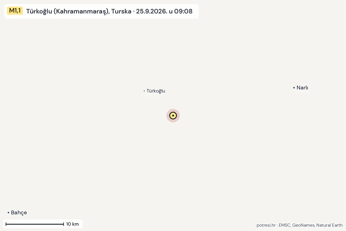 Karta: okolica epicentra, 60 km, potres M1,1, Türkoğlu (Kahramanmaraş), Turska, 25.9.2026.