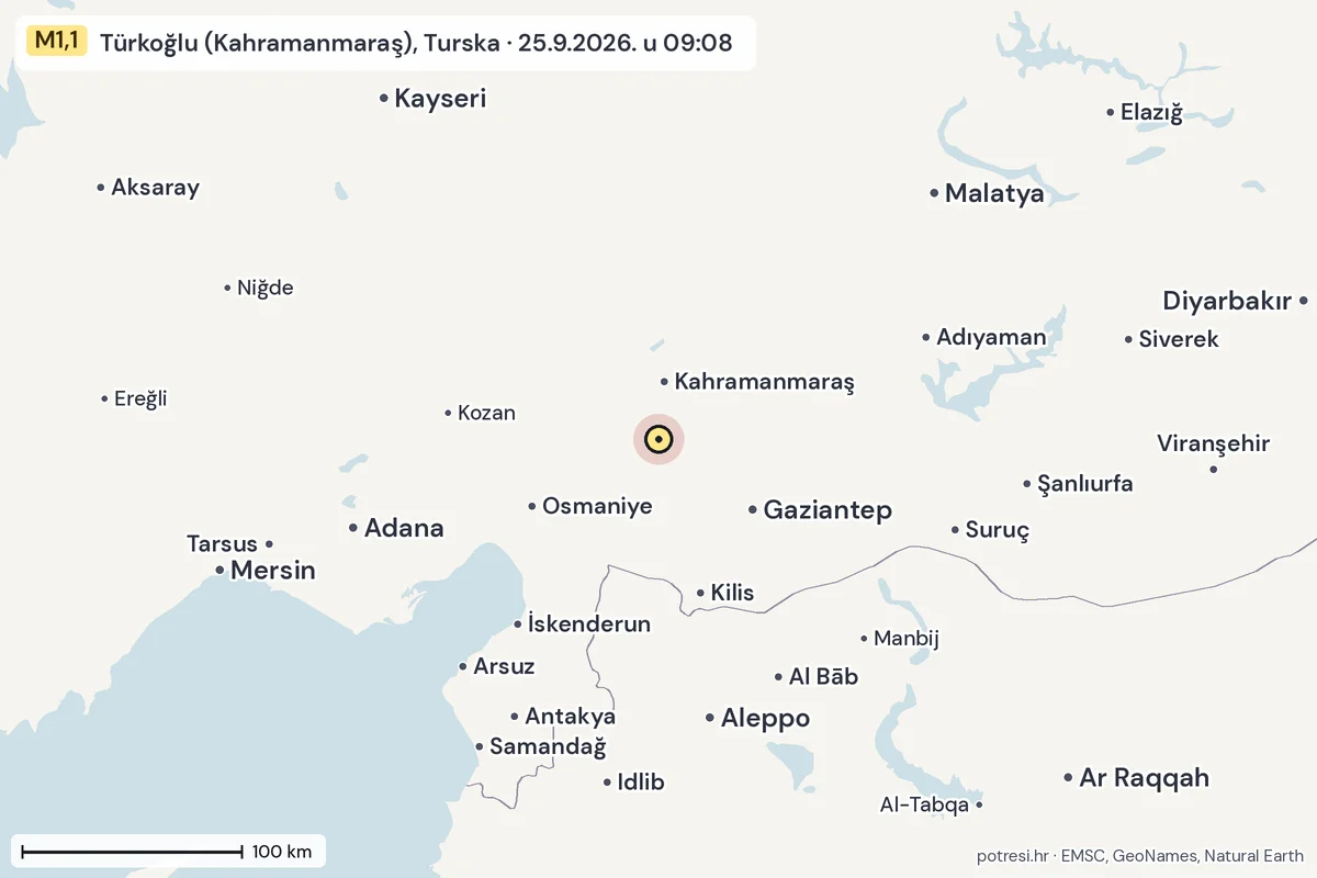 Karta: šire područje, 600 km, potres M1,1, Türkoğlu (Kahramanmaraş), Turska, 25.9.2026.