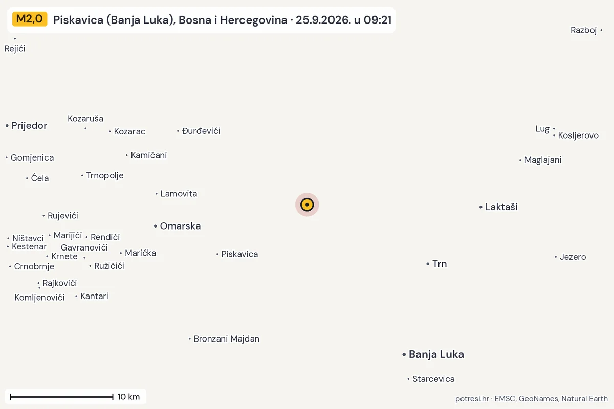 Karta: okolica epicentra, 60 km, potres M2,0, Piskavica (Banja Luka), Bosna i Hercegovina, 25.9.2026.