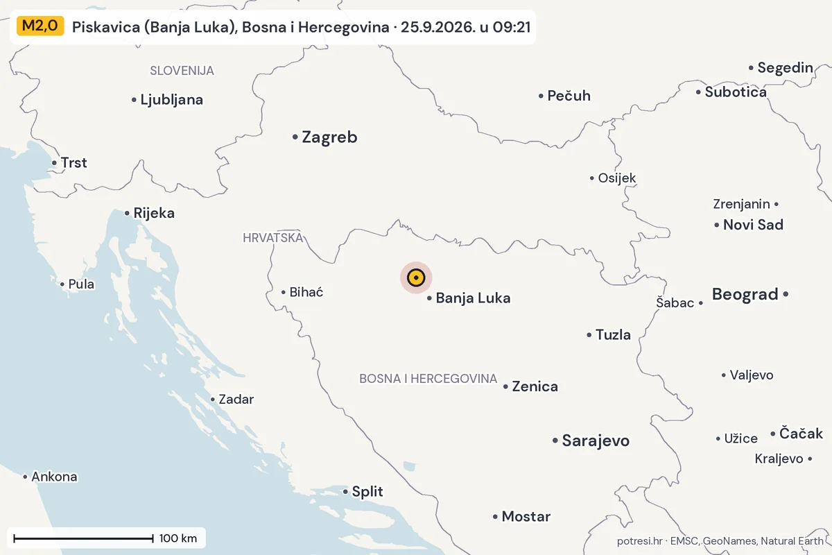 Karta: šire područje, 600 km, potres M2,0, Piskavica (Banja Luka), Bosna i Hercegovina, 25.9.2026.