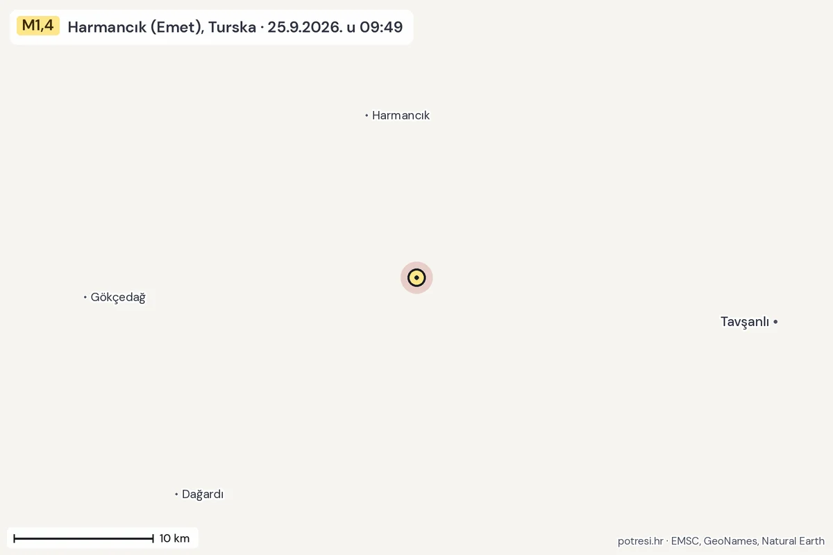 Karta: okolica epicentra, 60 km, potres M1,4, Harmancık (Emet), Turska, 25.9.2026.