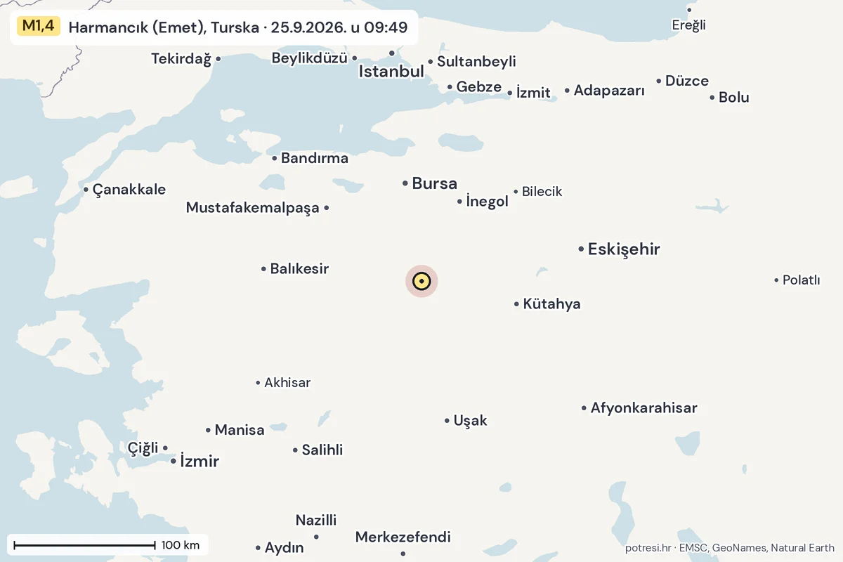 Karta: šire područje, 600 km, potres M1,4, Harmancık (Emet), Turska, 25.9.2026.