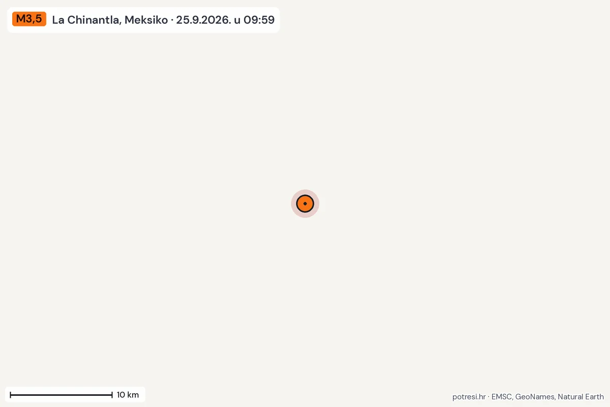 Karta: okolica epicentra, 60 km, potres M3,5, La Chinantla, Meksiko, 25.9.2026.