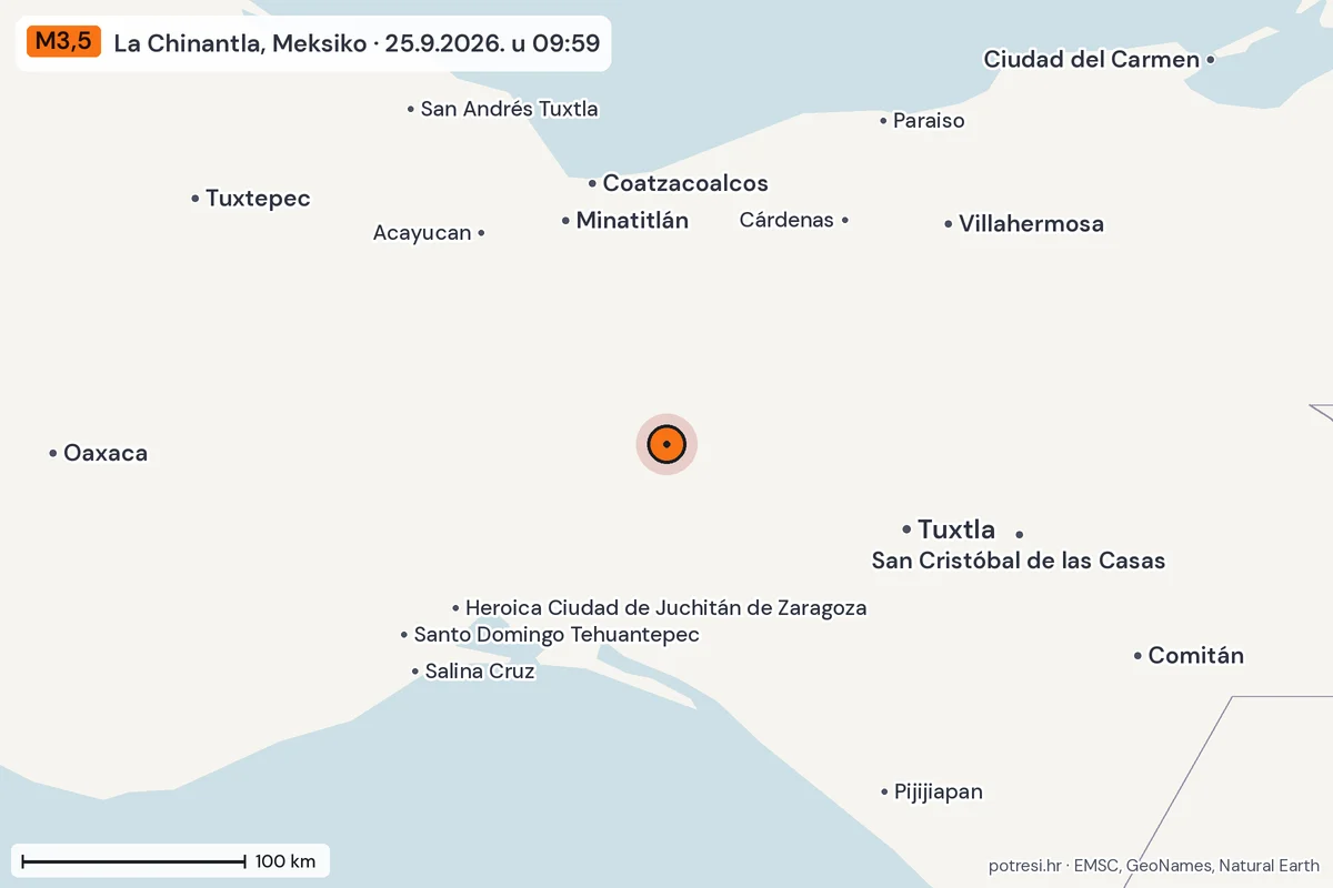 Karta: šire područje, 600 km, potres M3,5, La Chinantla, Meksiko, 25.9.2026.