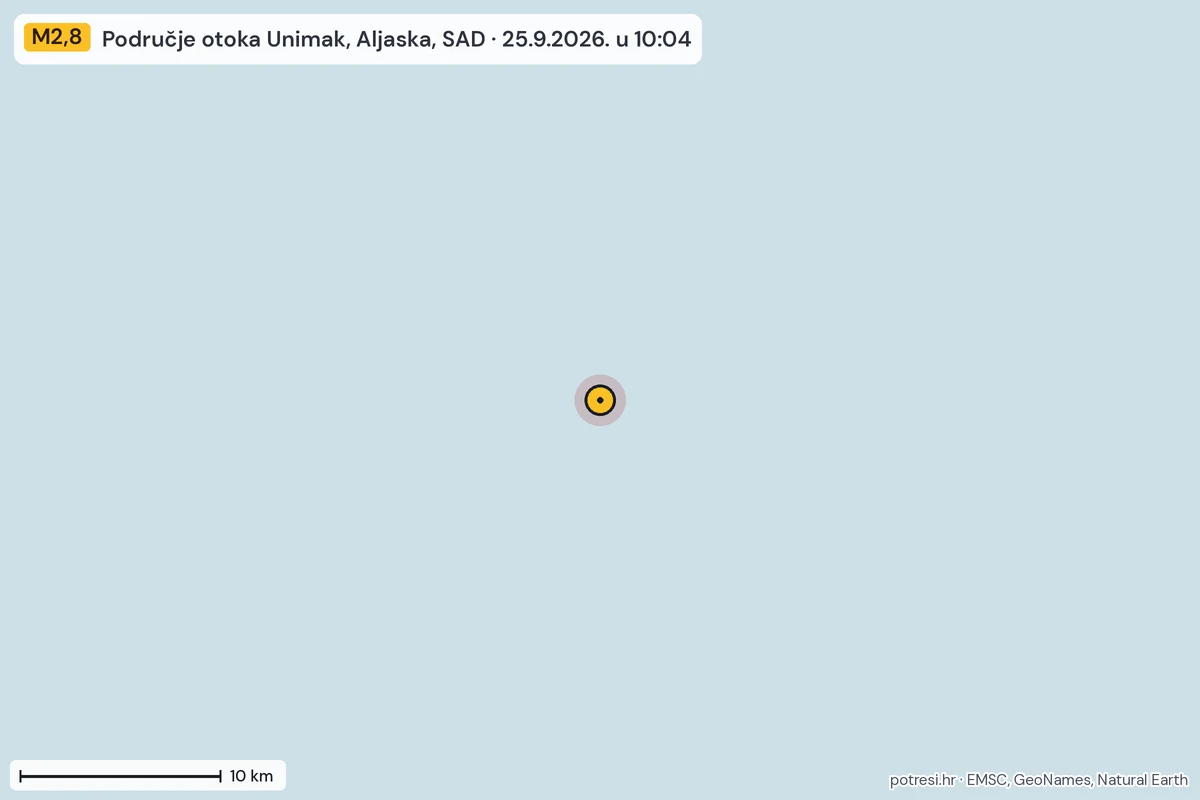 Karta: okolica epicentra, 60 km, potres M2,8, Područje otoka Unimak, Aljaska, SAD, 25.9.2026.