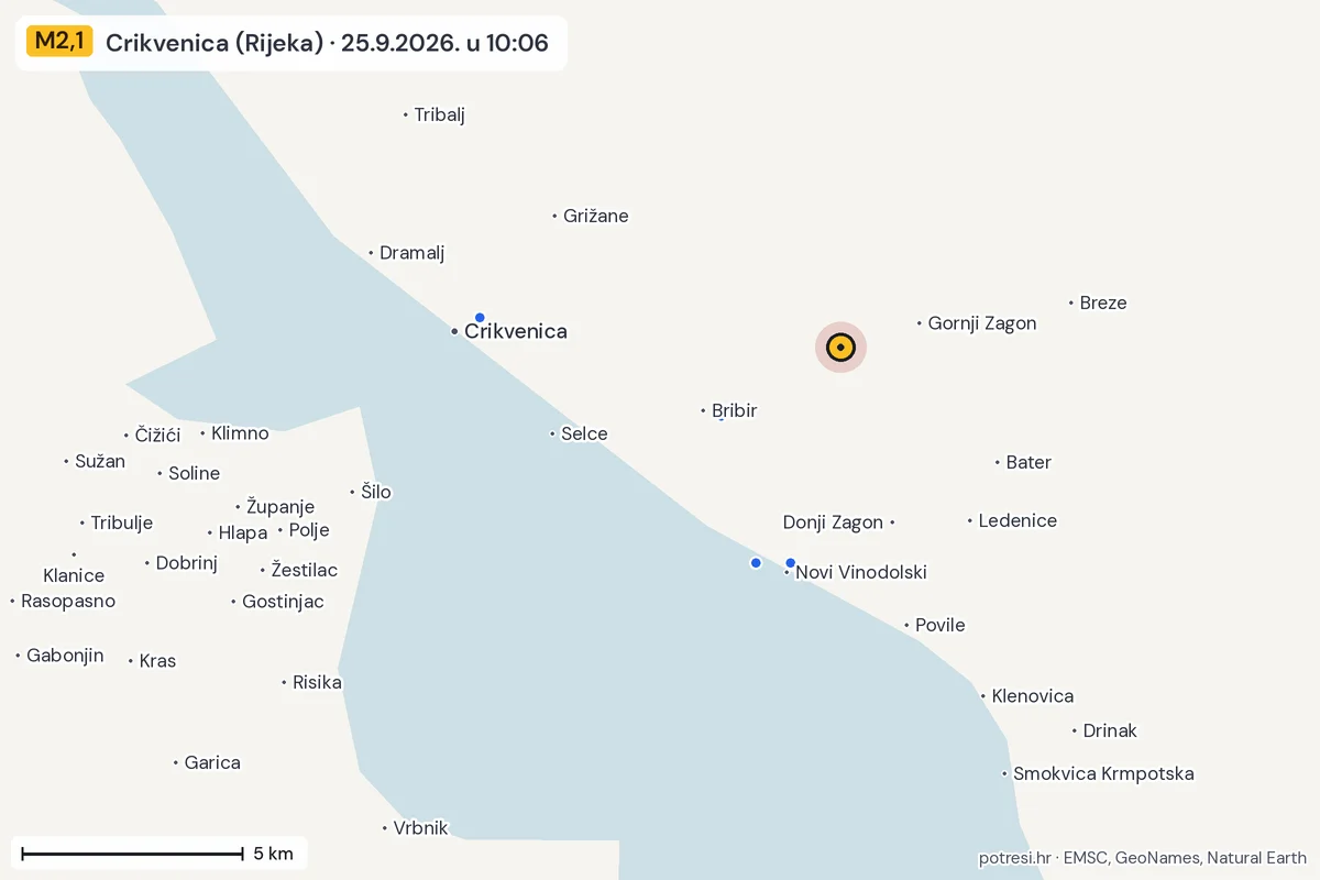 Karta: izvješća građana, potres M2,1, Crikvenica (Rijeka), 25.9.2026.